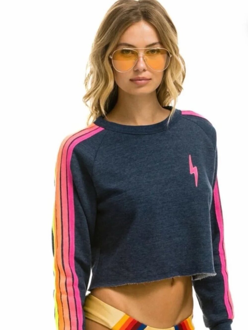 BOLT EMBROIDERY CLASSIC CROPPED CREW SWEATSHIRT - HEATHER NAVY // NEON STRIPES